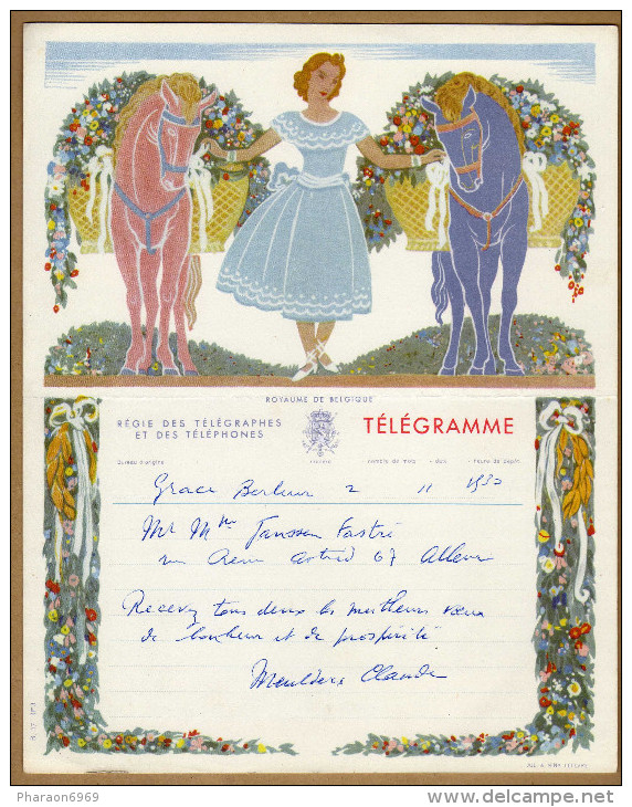Télégramme Femme Chevaux Fleurs - Telegrammen