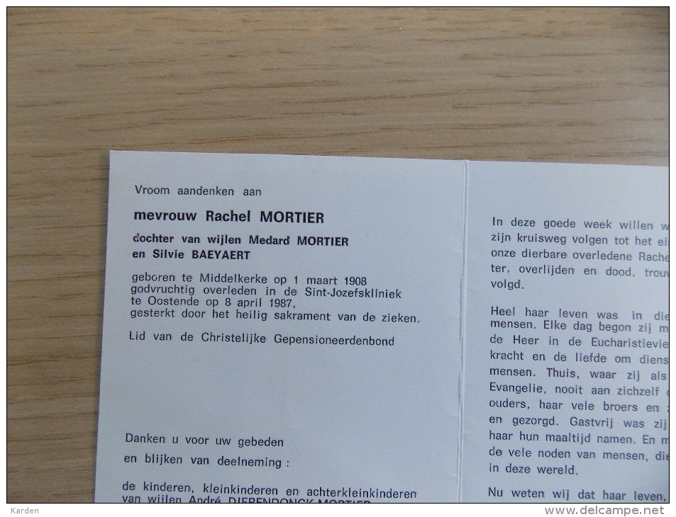 Doodsprentje Rachel Mortier Middelkerke 1/3/1908 Oostende 8/4/1987 ( D.v. Medard En Silvie Baeyaert ) - Religion & Esotérisme