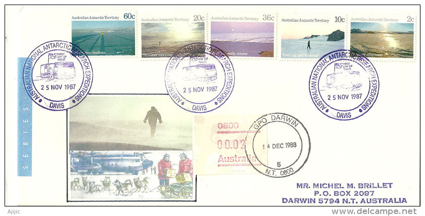 Expedition Antarctique à La Base Davis 25 Nov. 1987, Lettre Adressée à Darwin, Avec Timbre à Date Arrivée Sur ATM Darwin - Brieven En Documenten