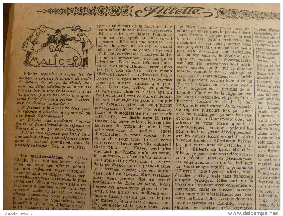 1932 Journal "FILLETTE" :de Belles Histoires à Suivre Et Aussi Ponctuelles .LE RETOUR DU MARIN  ( Au Château De Kerdec) - Fillette