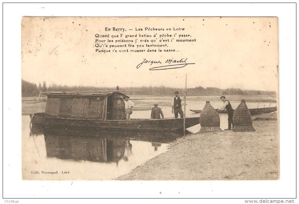 CPA : 18 - En Berry ( Léré ) : Les Pêcheurs En Loire : Bateau Sur La Loire : Hommes - Grandes Nasses + Poème  - Original - Fishing