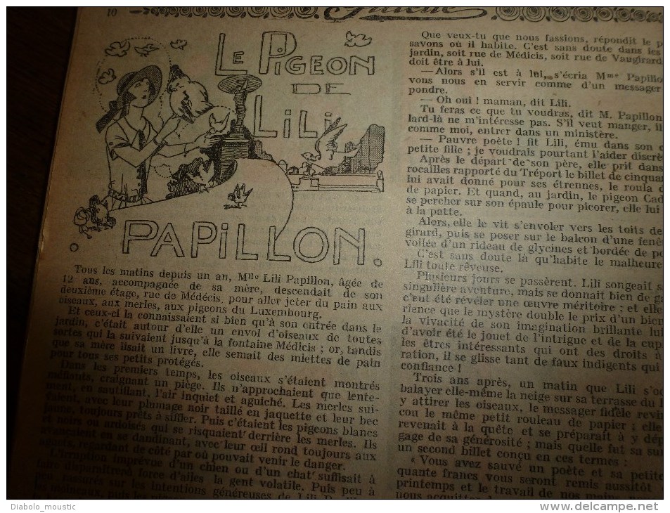 1932  Journal  "FILLETTE"  Histoires à suivre et aussi ponctuelles: LE PIGEON DE LILI PAPILLON DE LA FONTAINE MEDICIS.