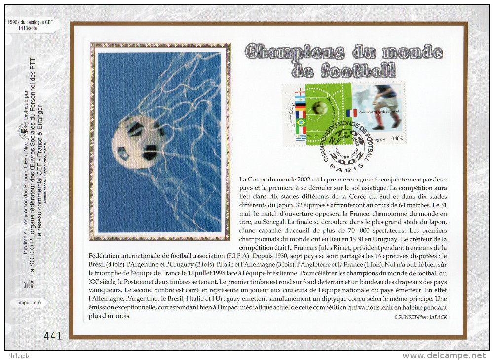 Feuillet CEF 1er Jour Nté En Soie De 2002  N° 1596s " CHAMPIONS DU  MONDE DE FOOTBALL " N° YT 3483 3484. Parfait état  ! - Autres & Non Classés