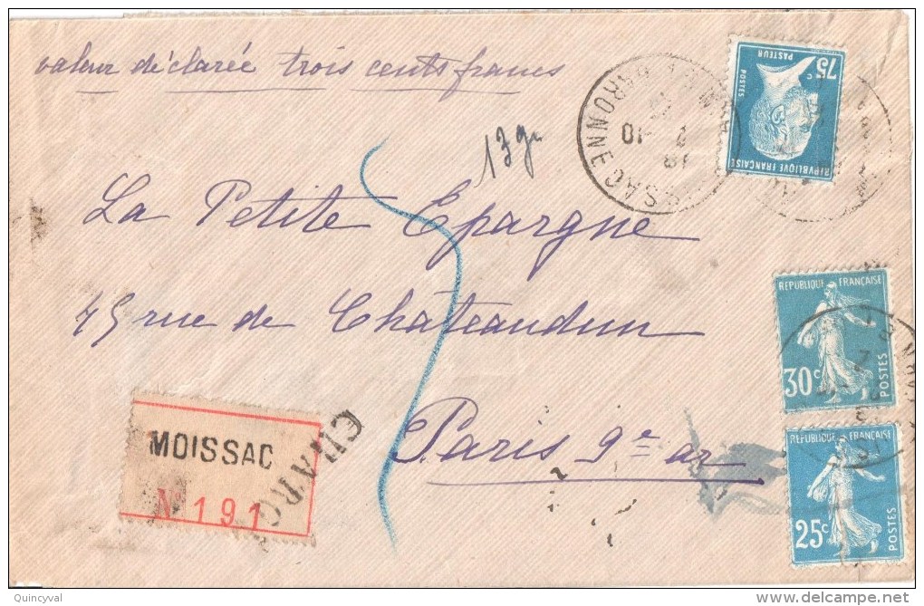 2802 MOISSAC Tarn Et Garonne Letre Chargée Semeuse Pasteur Arts Décoratifs Yv 140 192 177 211 Verso Griffe Facteur - Lettres & Documents