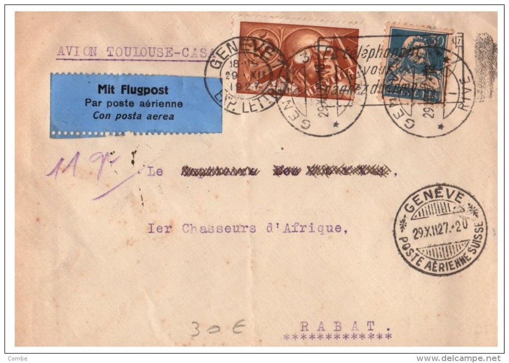 LETTRE SUISSE 1927, GENEVE POSTE AERIENNE, PAR AVION TOULOUSE-CASA POUR LE MAROC /4998 - Briefe U. Dokumente