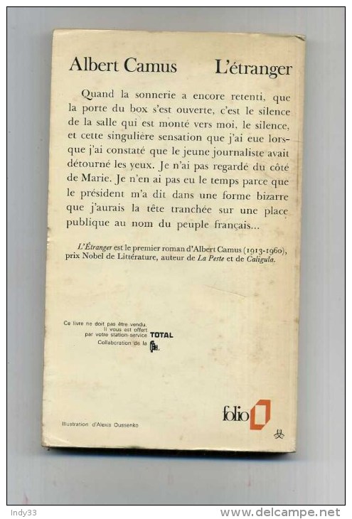 - L´ETRANGER . PAR CAMUS  . COLLECTION FOLIO GALLIMARD 1972 . - Roman Noir