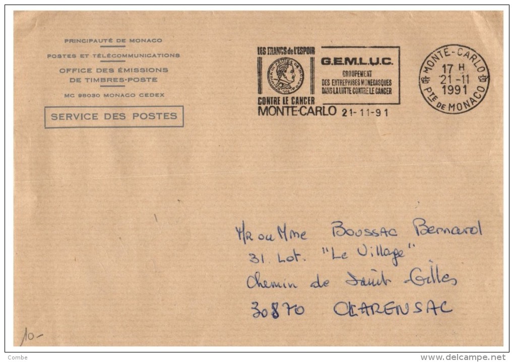 LETTRE MONACO 1991, EMA GEMLUC MONTECARLO Pour FRANCE /5234 - Franking Machines (EMA)