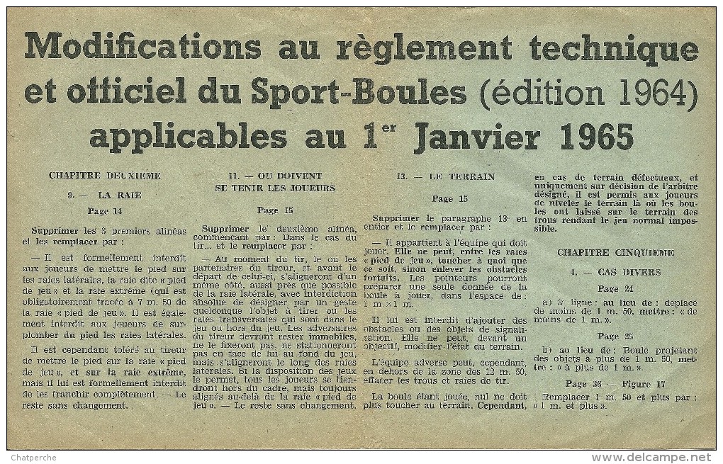 SPORT BOULES MODIFICATION AU REGLEMENT TECHNIQUE EDITION 1964 - Pétanque