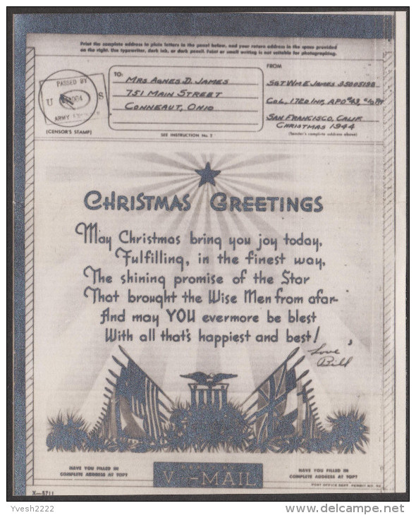 Etats-Unis 1944. V...-Mail De Noël. Que Noël T´apporte Joie Aujourd´hui. Drapeaux Des Alliés, Aigle Américain. - Buste