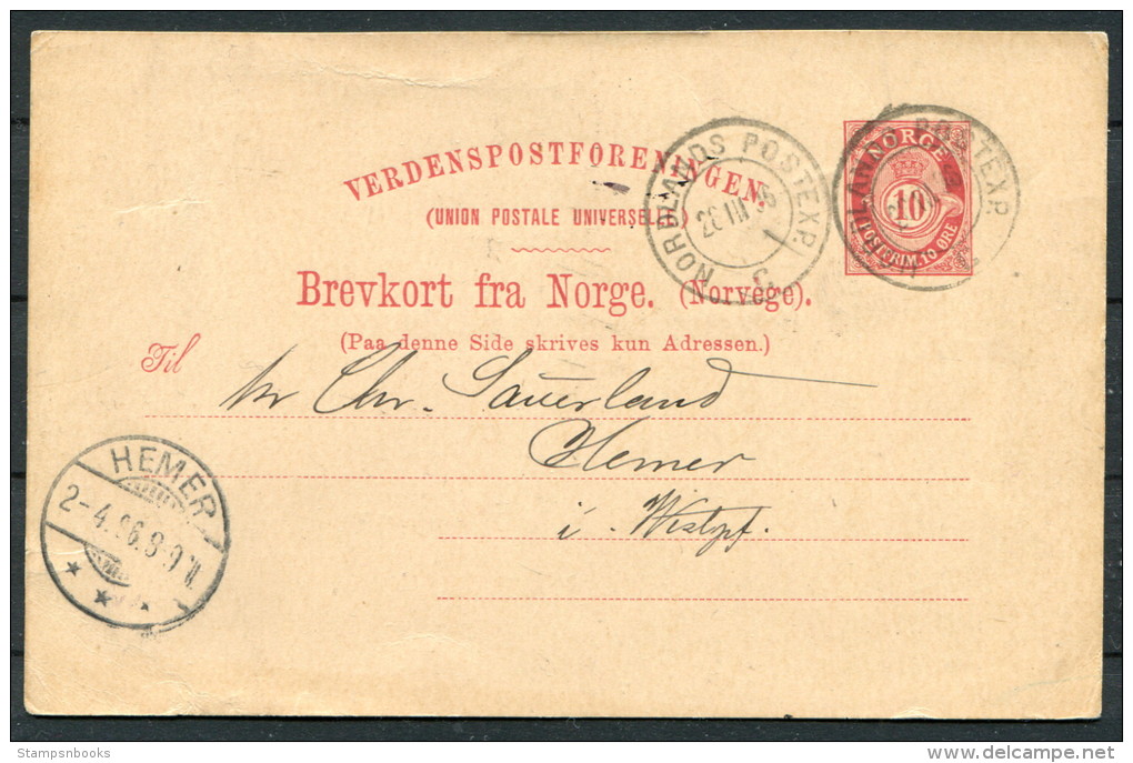 1896 Norway 10 Ore Stationery Brevkort Nordlands Postexp. Arctic - Hemer Germany - Covers & Documents