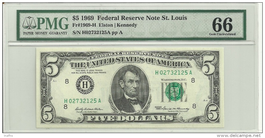 USA $5 Series 1969 St. Louis UNC (graded 66 By PMG) - Billetes De La Reserva Federal (1928-...)