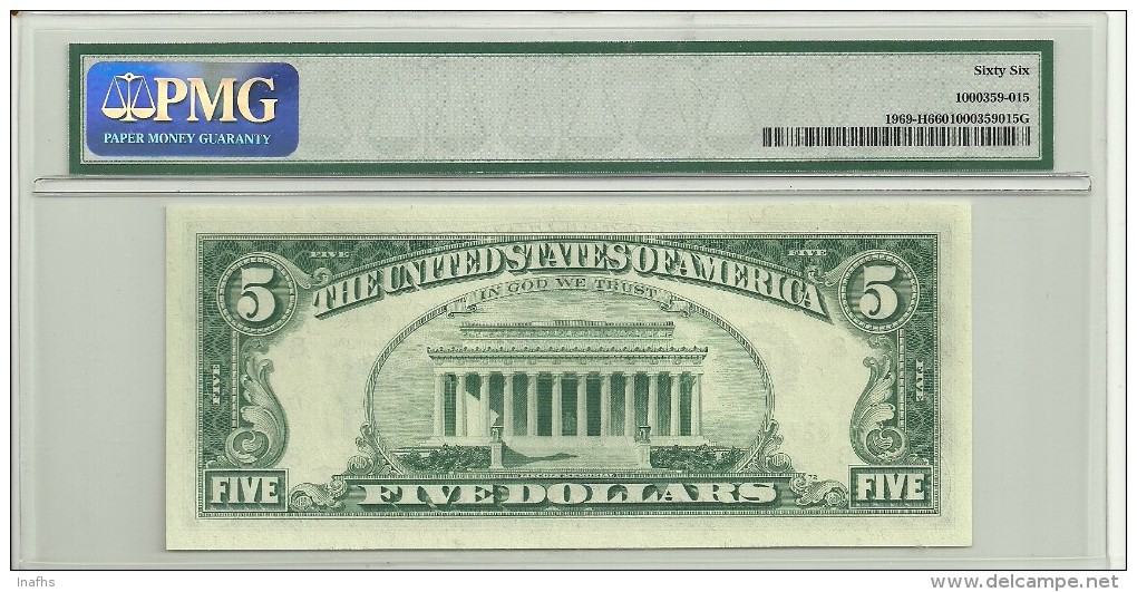 USA $5 Series 1969 St. Louis UNC (graded 66 By PMG) - Billetes De La Reserva Federal (1928-...)