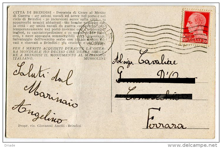 STORIA POSTALE POSTA MILITARE BRINDISI ANNO 1940 - Posta Militare (PM)