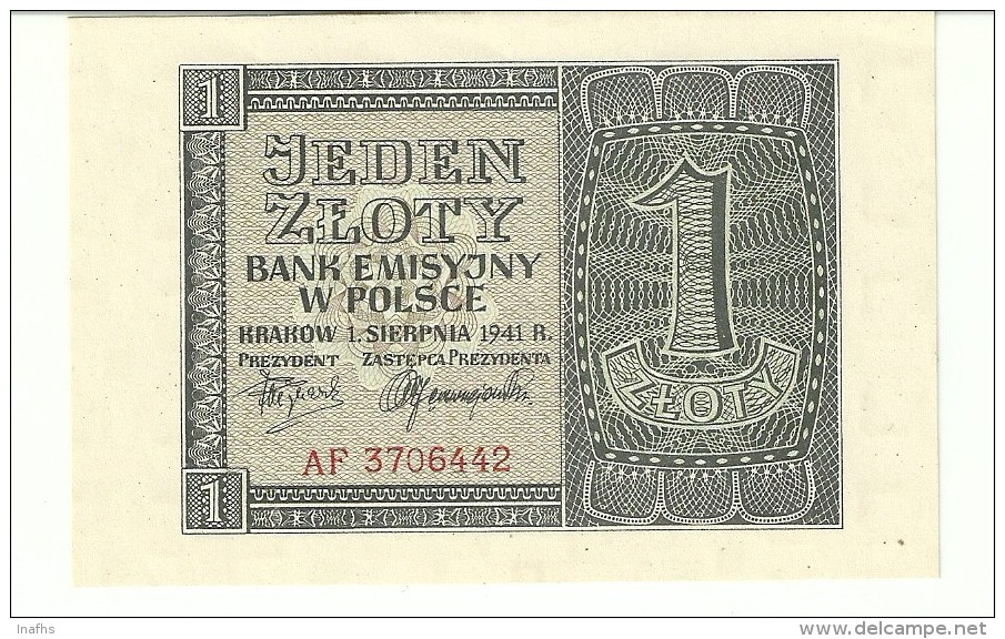 Poland 1 Zlotych 1941 P99 AU/UNC (no Folds 1 Pinhole) - Pologne