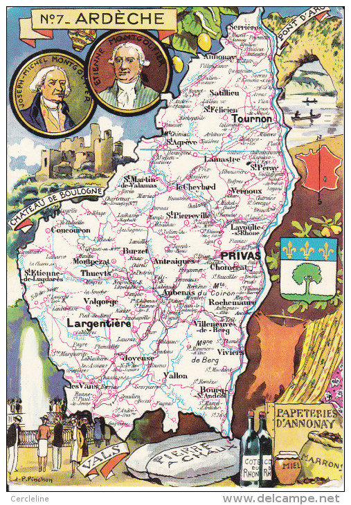 CPSM DEPARTEMENT CONTOUR GEOGRAPHIQUE ARDECHE PINCHON  BLONDEL ROUGERY N°07 NON  GLACEE - Carte Geografiche