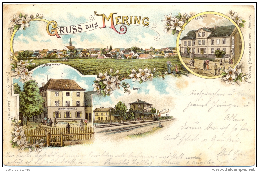 Mering, Farb-Litho M. Gasthaus "Zum Schlossenwirt" U. Bahnhof, 1898 - Aichach