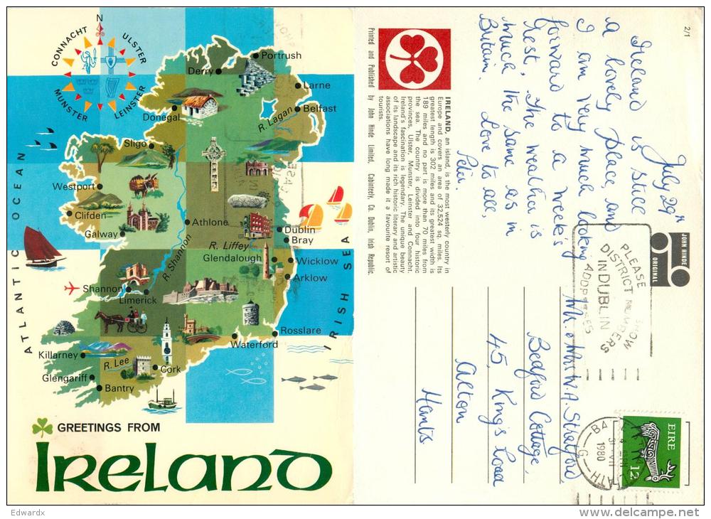 Map, Ireland Postcard Posted 1980 Stamp John Hinde - Other & Unclassified