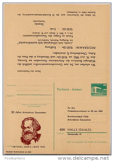 DDR P85-1a-83 C1-a Antwort-Postkarte Zudruck AK GANZSACHEN KARL MARX Halle Sost. 1983 - Karl Marx