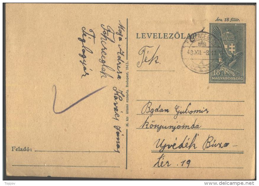 HUNGARY - CROATIA - BARANYA - OCCUPATION CARD - FOHERCEGLAK = KNEŽEVO To UJVIDEK - 1943 - Storia Postale