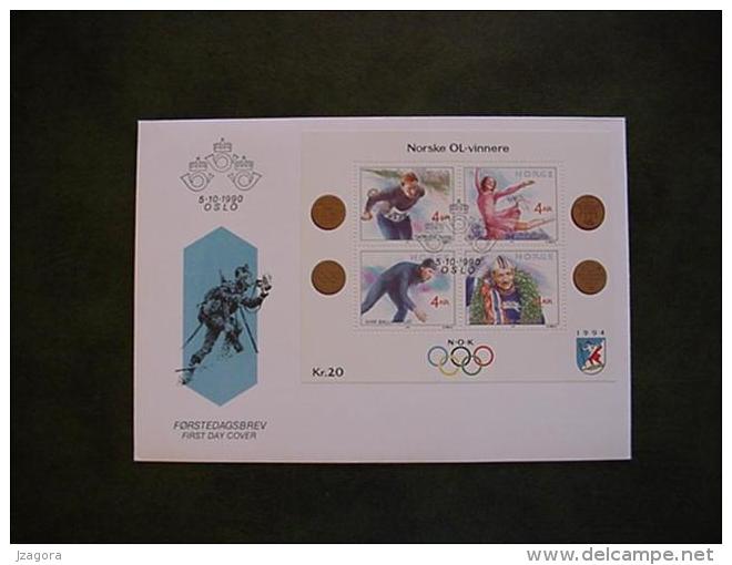 WINTER OLYMPIC GOLD MEDALS NORWAY NORGE NORWEGEN NORVÈGE 1990 MI BL 14 FIGURE SPEED SKATING HENIE - FDC - Hiver 1994: Lillehammer
