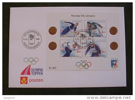 WINTER OLYMPIC GOLD MEDALS NORWAY NORGE NORWEGEN NORVÈGE 1991 MI BL 16 SKIING SKI JUMPING  SKATING - FDC - Inverno1994: Lillehammer