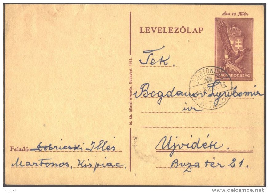 HUNGARY - VOJVODINA - OCCUPATION CARD - MARTONOS = MARTONOŠ To UJVIDEK - 1942 - Storia Postale