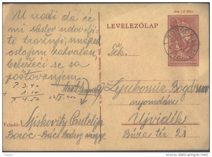 HUNGARY - VOJVODINA - OCCUPATION CARD - BOROC = OBROVAC B.PALANKA To UJVIDEK  - 1942 - Storia Postale