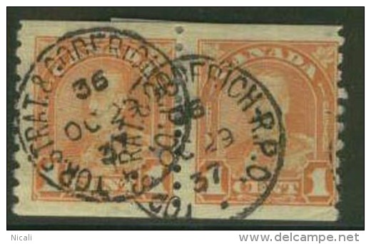 CANADA 1930 1c Orange KGV COIL Pair SG 304 U ED174 - Coil Stamps