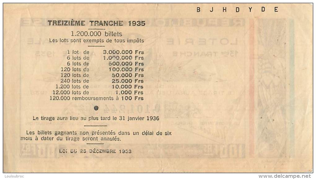 BILLET DE LOTERIE NATIONALE ANNEE 1935 13 Em TRANCHE - Lottery Tickets