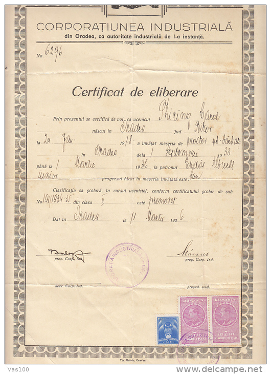 VOCATIONAL SCHOOL DIPLOMA, 2 KING CHARLES 2ND REVENUE STAMPS, 1 AVIATION STAMP, 1936, ROMANIA - Diplome Und Schulzeugnisse