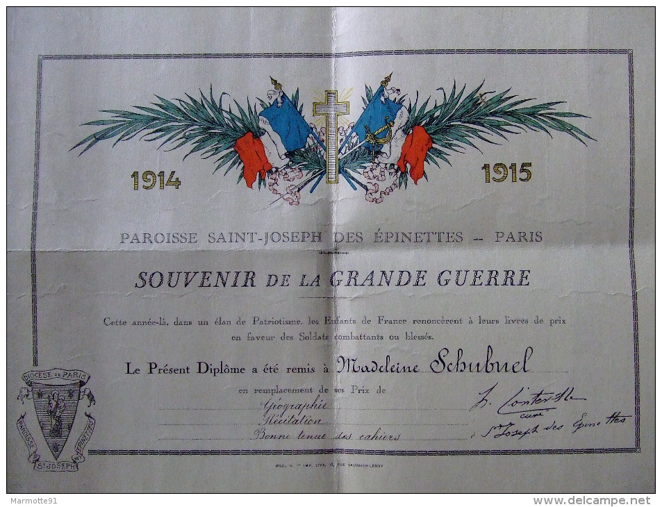 DIPLOME BREVET SOUVENIR GRANDE GUERRE 1914 1918 ECOLE ECOLIER PATRIOTISME PRIX SOLDAT BLESSE - 1914-18