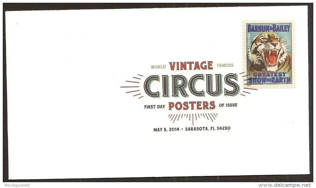 VERINIGTE STAATEN ETATS UNIS USA 2014  FROM SHEET VINTAGE CIRCUS POSTERS-TIGER FDC SC 4903 MI  YT 4706 SG 5518 - 2011-...