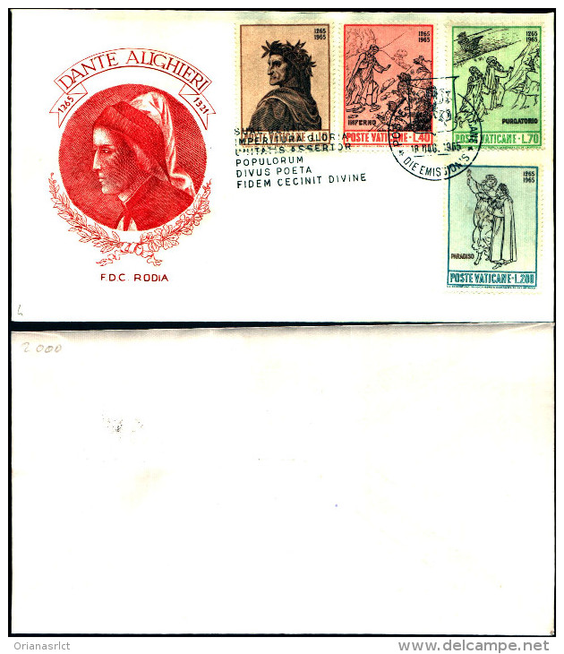 834)F.D.C.VATICANO DANTE ALIGHERI 18 /5/65 4 VALORI 10+40+70+200£ - FDC