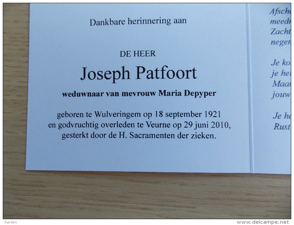 Doodsprentje Joseph Patfoort Wulveringem 18/9/1921 Veurne 29/6/2010 ( Maria Depyper ) - Religion &  Esoterik