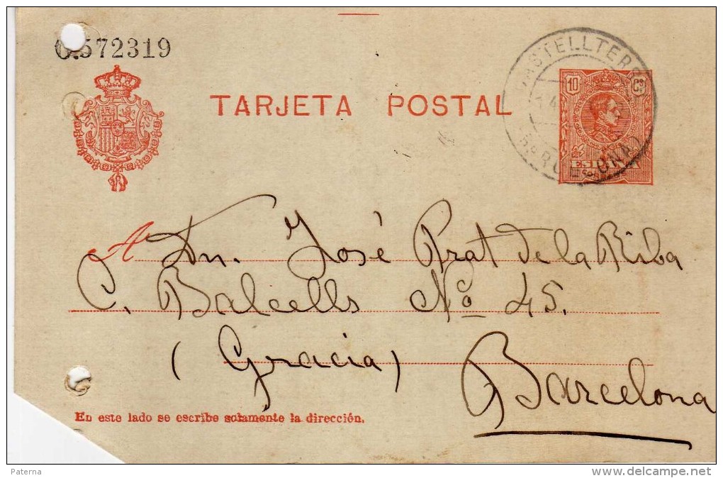 1741 Entero Postal Castelltersol 1912 Medallon Alfonso Xlll - 1850-1931