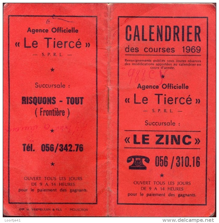 Kalender Calendrier Des Courses 1969 - Le Tiercé  Le Zinc - Risquons-Tout - Autres & Non Classés