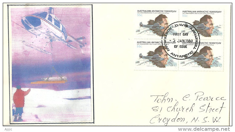 Histoire De L'Aviation En Antarctique(50 Ième Anniversaire Premier Vol En Antarctique) Lettre Base Davis 1980. Bloc De 4 - Premiers Vols