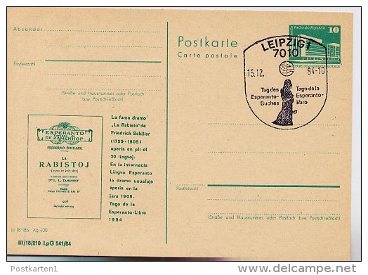 DDR P84-61-84 C105 Postkarte Zudruck SCHILLER "DIE RÄUBER" Leipzig Sost. 1984 - Esperanto