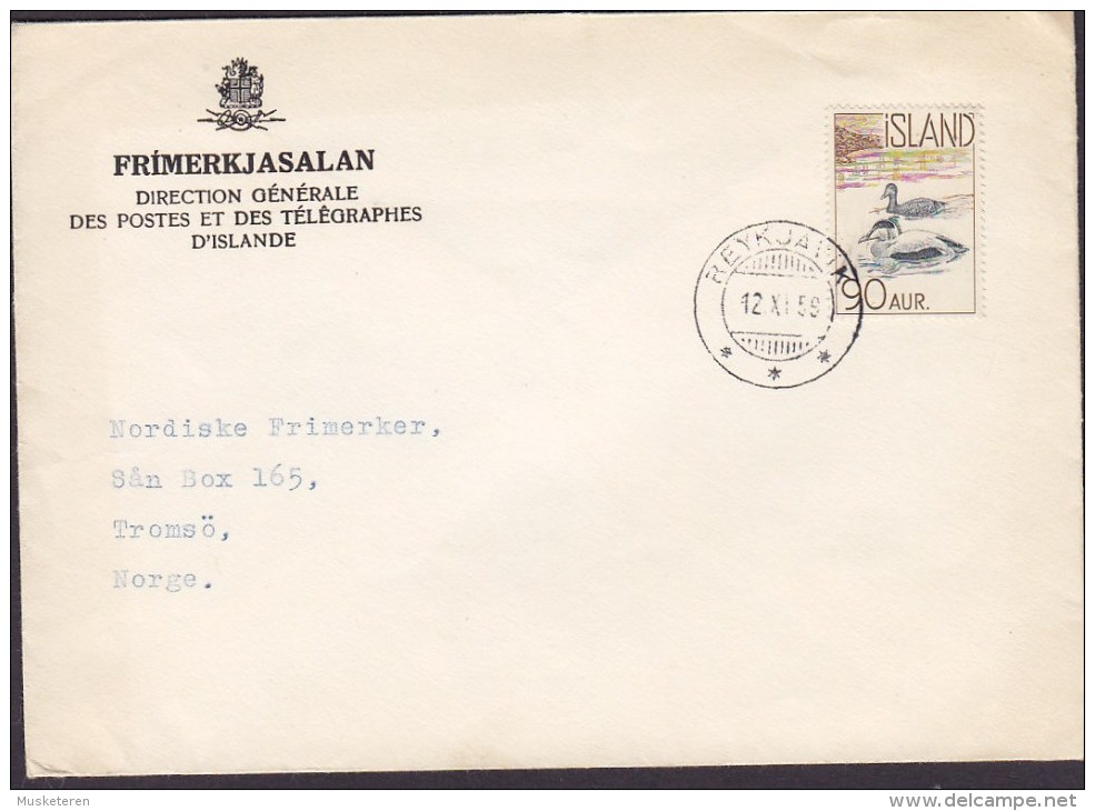 Iceland FRIMERKJASALAN, REYKJAVIK 1959 Cover Brief To TROMSÖ Norway Bird Vogel Oiseau Eiderente - Briefe U. Dokumente