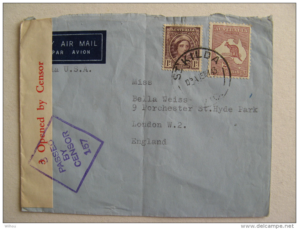 LETTRE AVION POSTEE De ST KILDA 1943 2 TIMBRES OBLITERES CACHET CENSURE - Briefe U. Dokumente