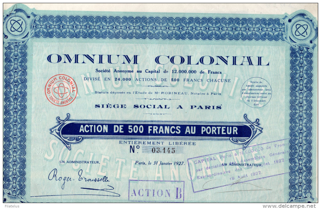 SOCIETE' ANONYME-OMNIUM COLONIAL-PARIS-31-1-1927- ACTION DE 500 FRANCS - M - O