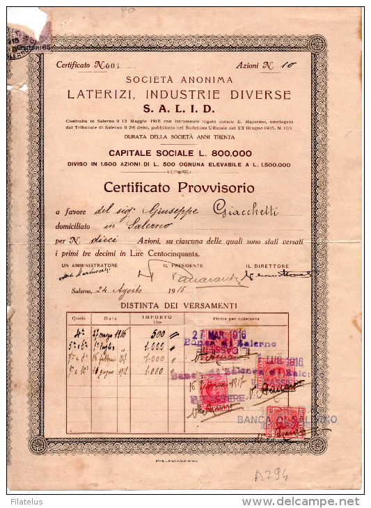 SOCIETA' ANONIMA LATERIZI,INDUSTRIE DIVERSE-S.A.L.I.D.-AZIONI N.10 -SALERNO-24-8--1915 - Banque & Assurance