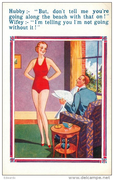 XL Series 3802 Comic Postcard Unposted Swimsuit Hubby Wifey - Fumetti