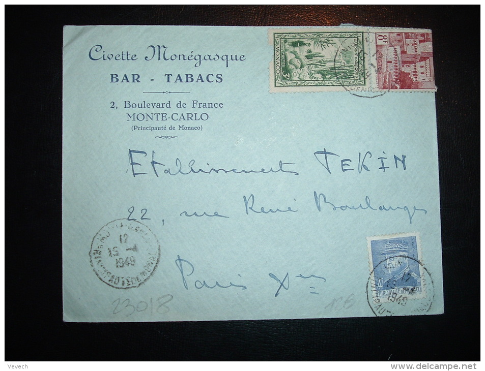 LETTRE POUR FRANCE TP 8F + 4F + 3F OBL. 15-1-1949 MONTE-CARLO + CIVETTE MONEGASQUE BAR-TABACS - Other & Unclassified