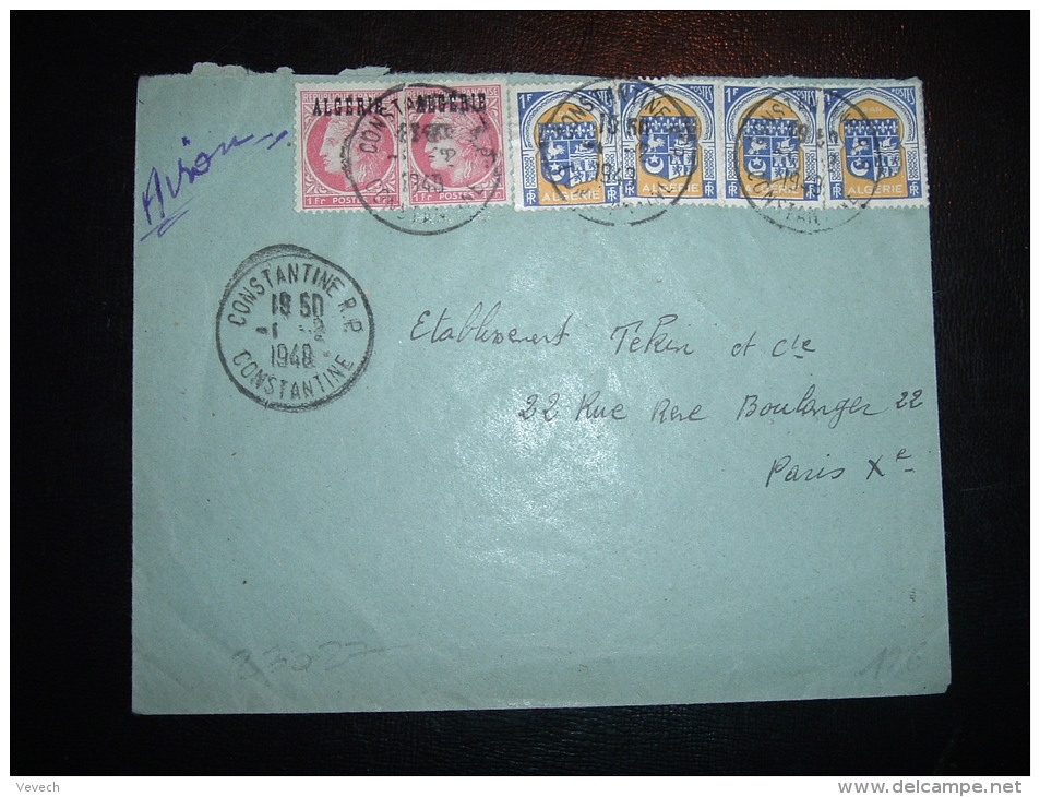 LETTRE POUR FRANCE TP CERES DE MAZELIN 1F SURCHARGE ALGERIE X2 + TP BLASON ALGER 1F X4 OBL. 1-2-1948 CONSTANTINE RP - 1945-47 Ceres (Mazelin)