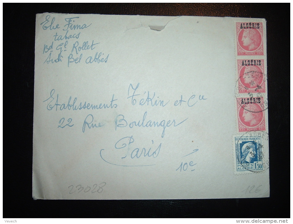 LETTRE POUR FRANCE TP MARIANNE D'ALGER 1F50 + TP CERES DE MAZELIN 1F SURCHARGE ALGERIE X3 OBL. 3-4-47 SIDI BEL ABBES - 1944 Hahn Und Marianne D'Alger