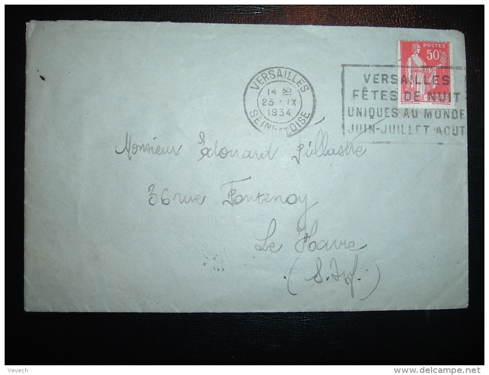 VIGNETTE KIRSCH CIGOGNE STRASBOURG OBL.MEC. ? IX 1934 LE HAVRE SUR LETTRE DE VERSAILLES OBL.MEC. 25 IX 1934 - Cartas & Documentos