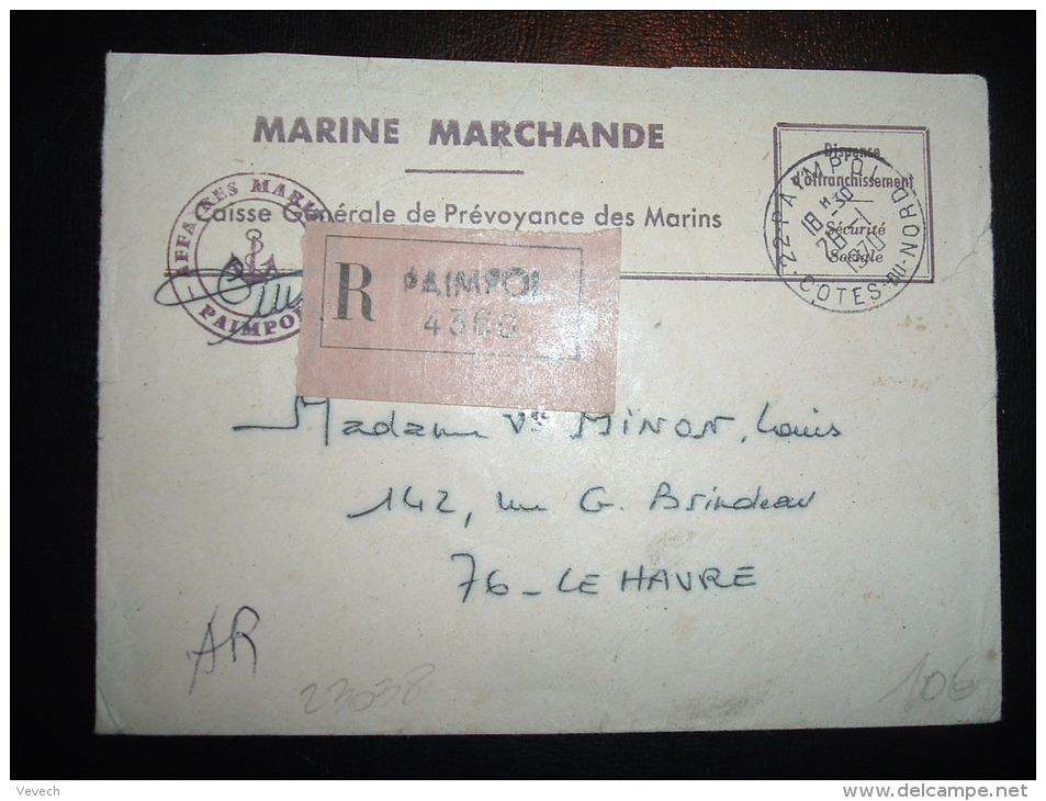 LR MARINE MARCHANDE CAISSE GENERALE DE PREVOYANCE DES MARINS OBL. 26-1-1970 PAIMPOL (22 COTES DU NORD) + GRIFFE LINEAIRE - Maritime Post