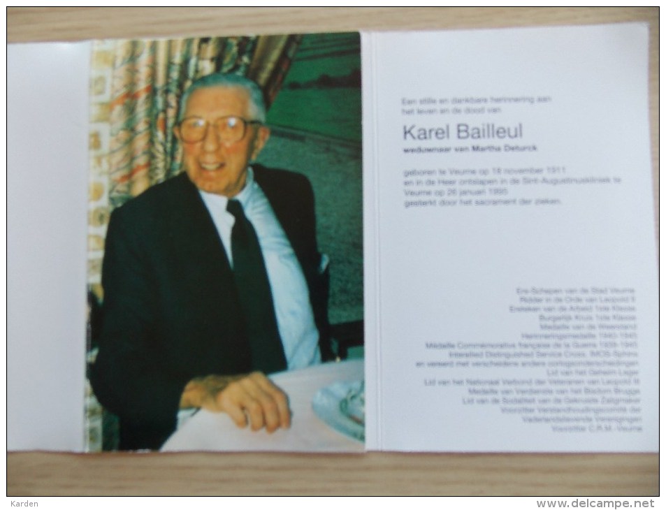 Doodsprentje Karel Bailleul Veurne 18/11/1911 - 26/1/1995 ( Martha Deturck ) - Religione & Esoterismo