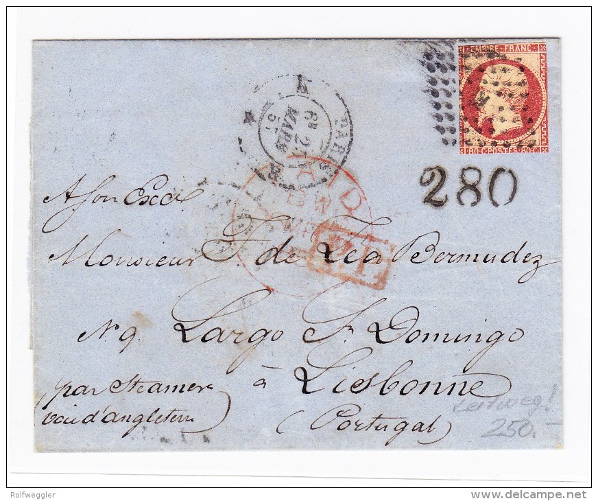 1857 Lettre De Paris Pour Lisbonne Via GB Streamer Affr. 80 C. Napoléon IIi Non Lauré - 1853-1860 Napoleon III